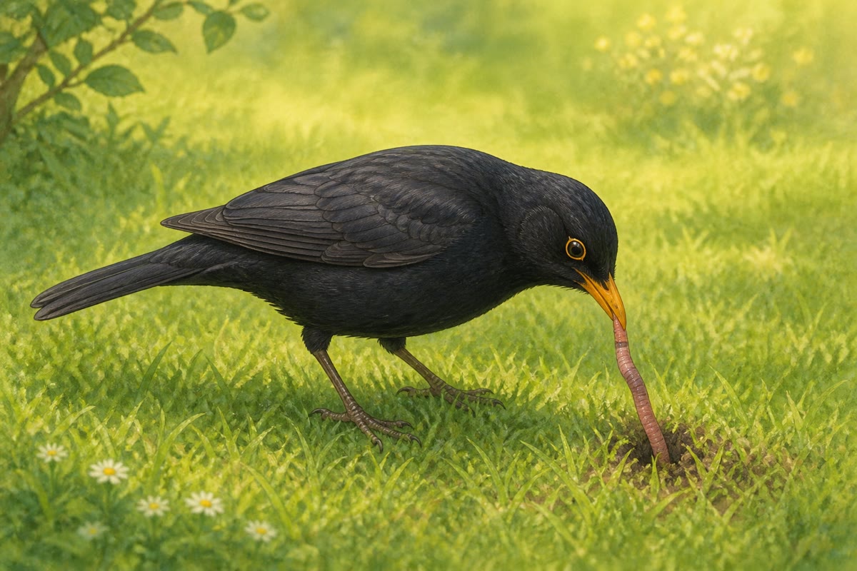 De tuin aan het werk: een merel die zijn ontbijt uit het gazon trekt.