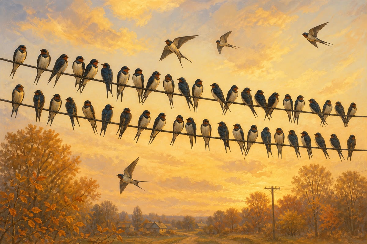 October on the wires: the swallows gathering for departure, days before the insects run out.