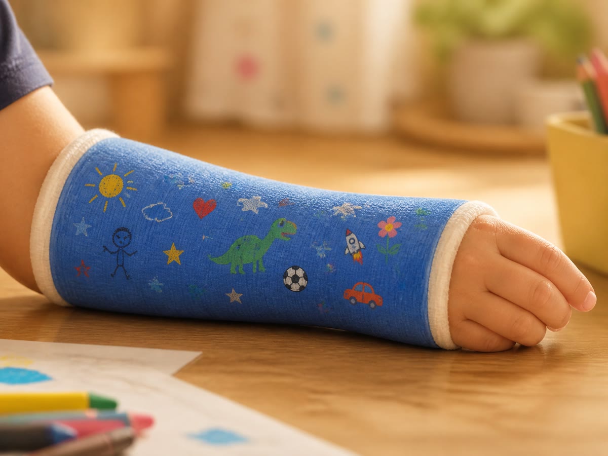 In het beschilderde gips, stil gehouden, bouwt een levend bot zichzelf in alle rust weer op.