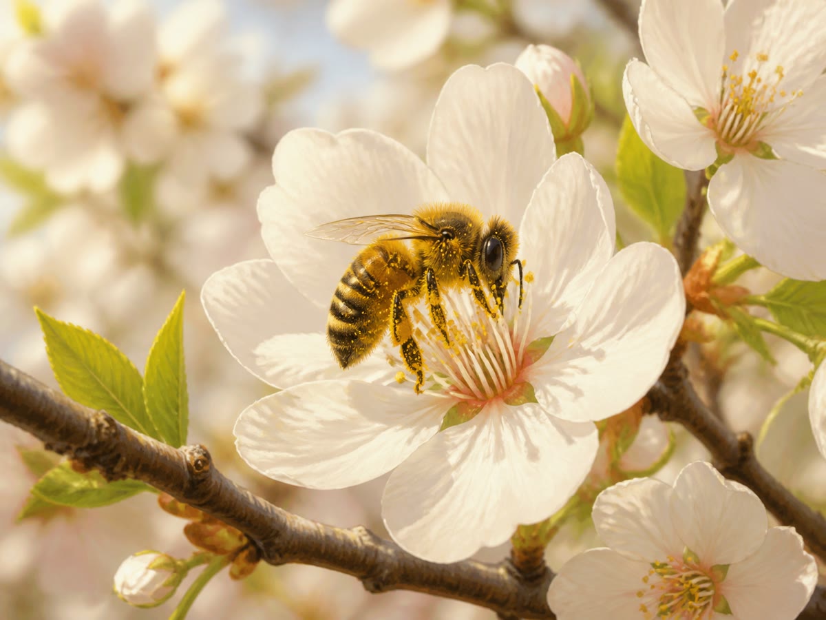 Polinização em andamento: uma abelha no fundo de uma flor de cerejeira, polvilhada com o pólen que vai entregar na flor seguinte.