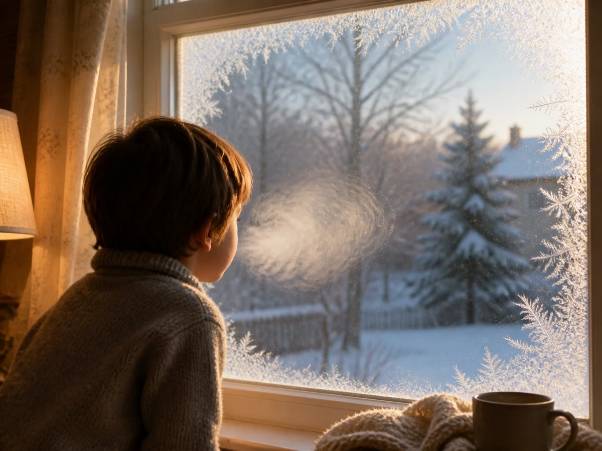 Uitgeademde lucht zichtbaar gemaakt: warm, vochtig — en onzichtbaar armer aan zuurstof, rijker aan koolstofdioxide.