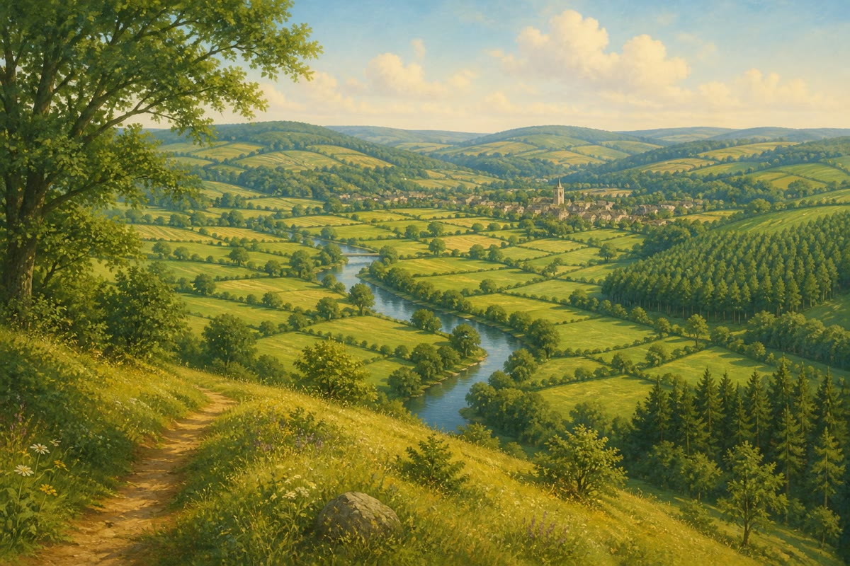 Het uitzicht vanaf de heuveltop: akkers, heggen, beheerd bos, rechtgetrokken rivier, dorp — een werkend landschap, eeuwen oud.