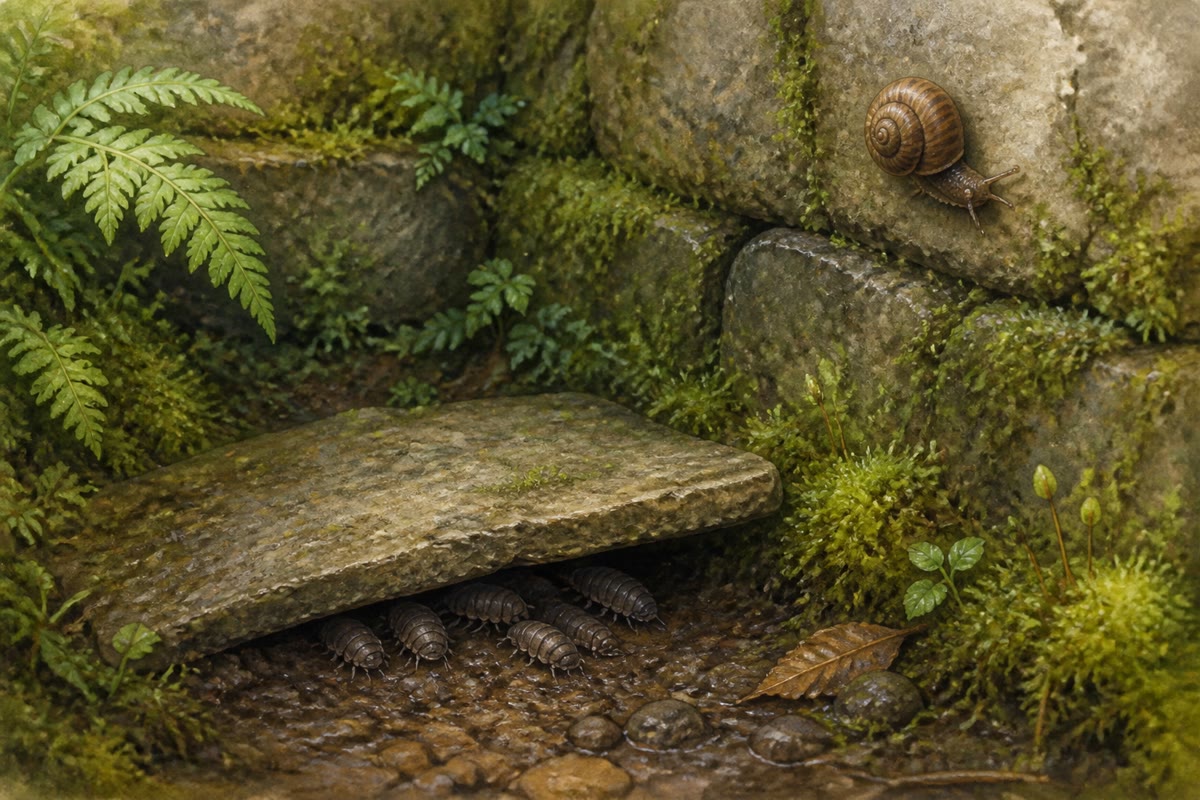 O canto fresco, no meio do inventário: musgo, samambaias, um caracol na pedra — e, debaixo da laje levantada, o micro-hábitat dos tatuzinhos (recoloque a laje).
