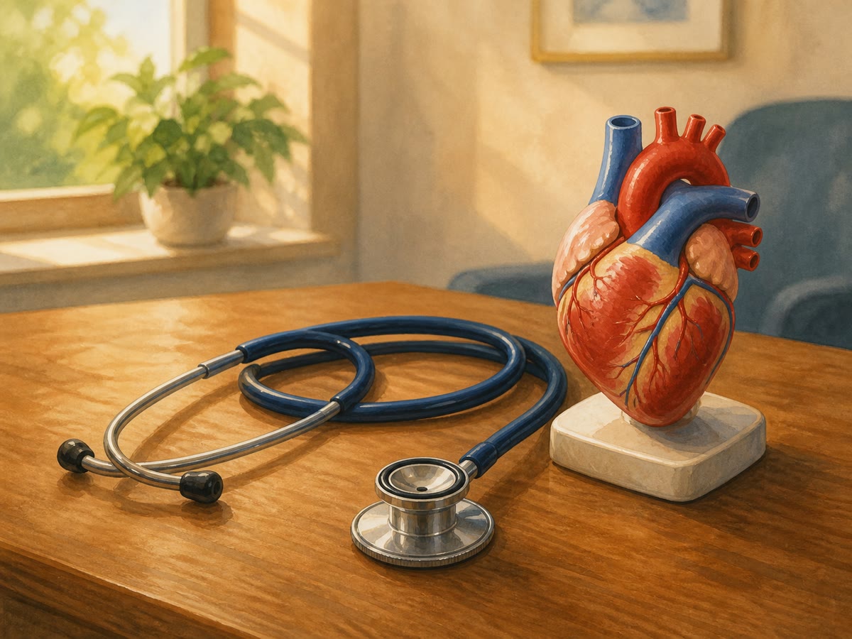 The consultation’s two classics: the model showing the rooms and vessels, the stethoscope that hears their doors close.