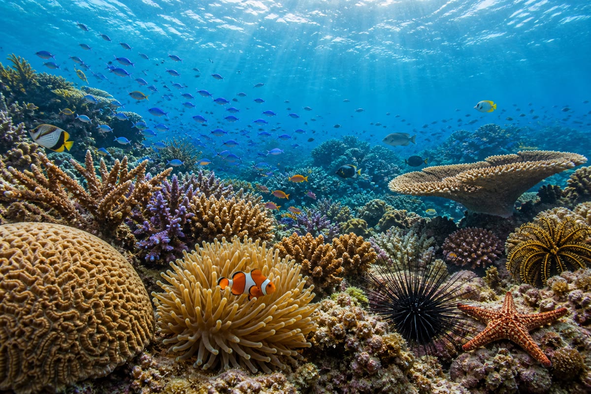 Een koraalrif: op enkele vierkante meters koralen, vissen, weekdieren, stekelhuidigen en anemonen van tientallen soorten. Riffen herbergen een kwart van alle zeesoorten op een tiende procent van de zeebodem.