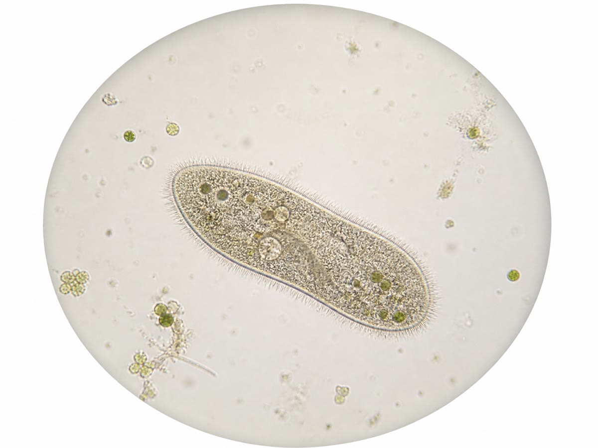 Une goutte d’eau de mare au microscope optique : une paramécie, cellule unique longue d’un quart de millimètre, passe en ramant devant des algues vertes sous le battement de milliers de cils minuscules. Une cellule, et un organisme entier.