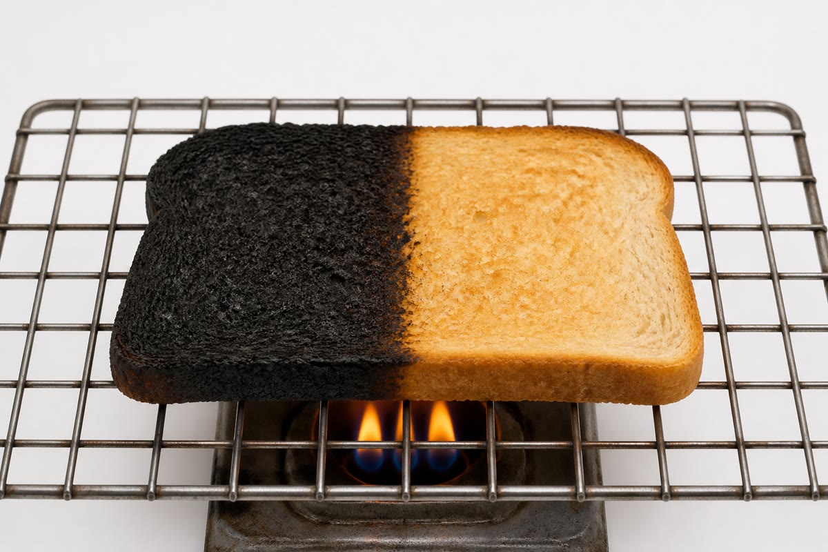 Du pain oublié trop longtemps sur le gril. Le résidu noir est essentiellement du carbone : les molécules organiques du pain ont perdu leur hydrogène et leur oxygène en vapeur d’eau et en dioxyde de carbone, laissant le squelette carboné derrière elles.