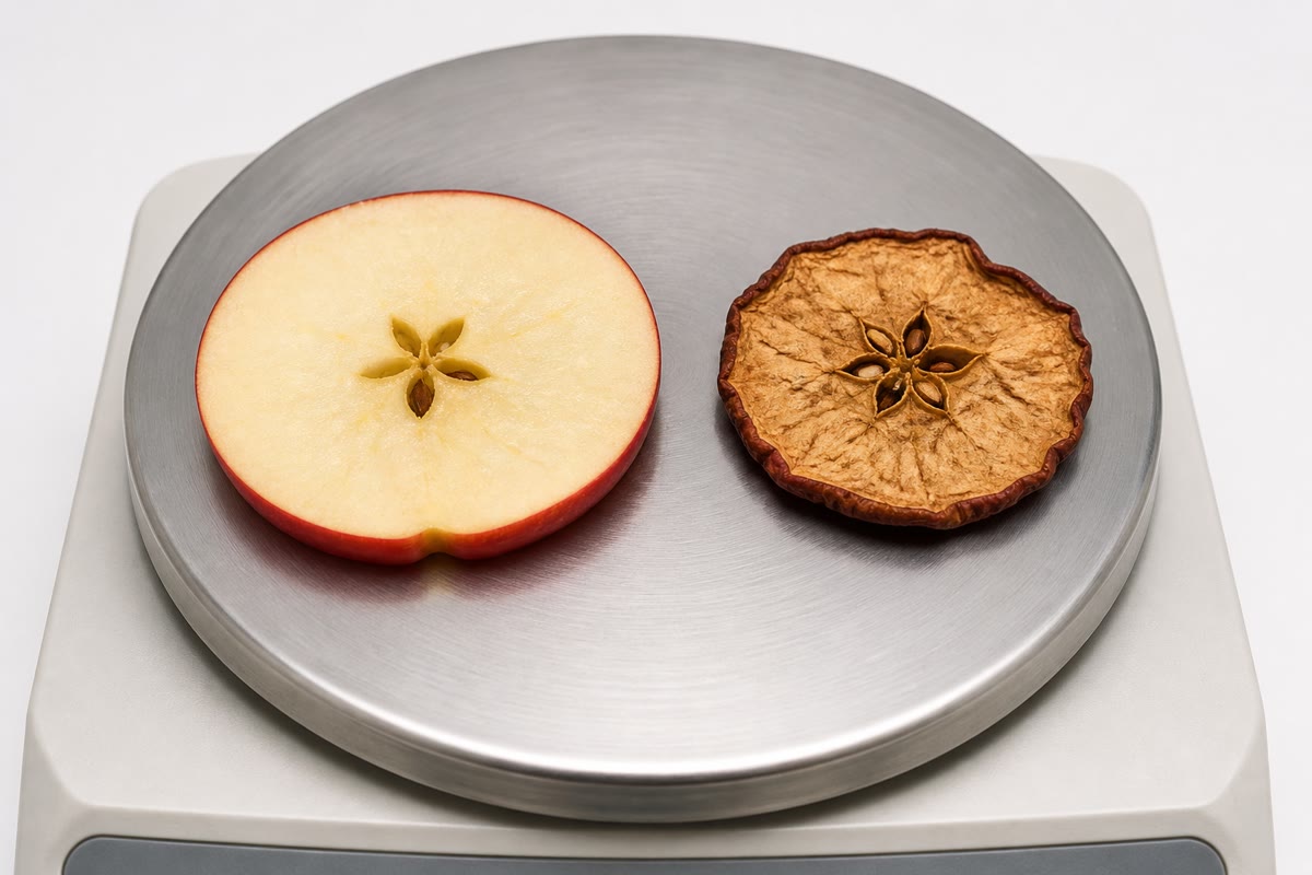 Une tranche de pomme fraîche et la même tranche après séchage : ce qui reste est la matière sèche, un sixième de la masse initiale. Le reste était de l’eau.