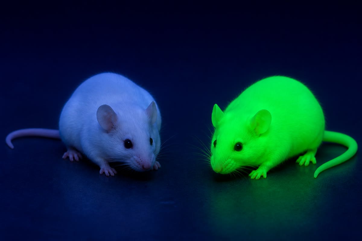 Bajo luz azul, un ratón que lleva el gen de medusa de la proteína verde fluorescente brilla junto a un ratón corriente. Misma molécula, mismas reglas de lectura: la instrucción de la medusa funciona en el ratón.