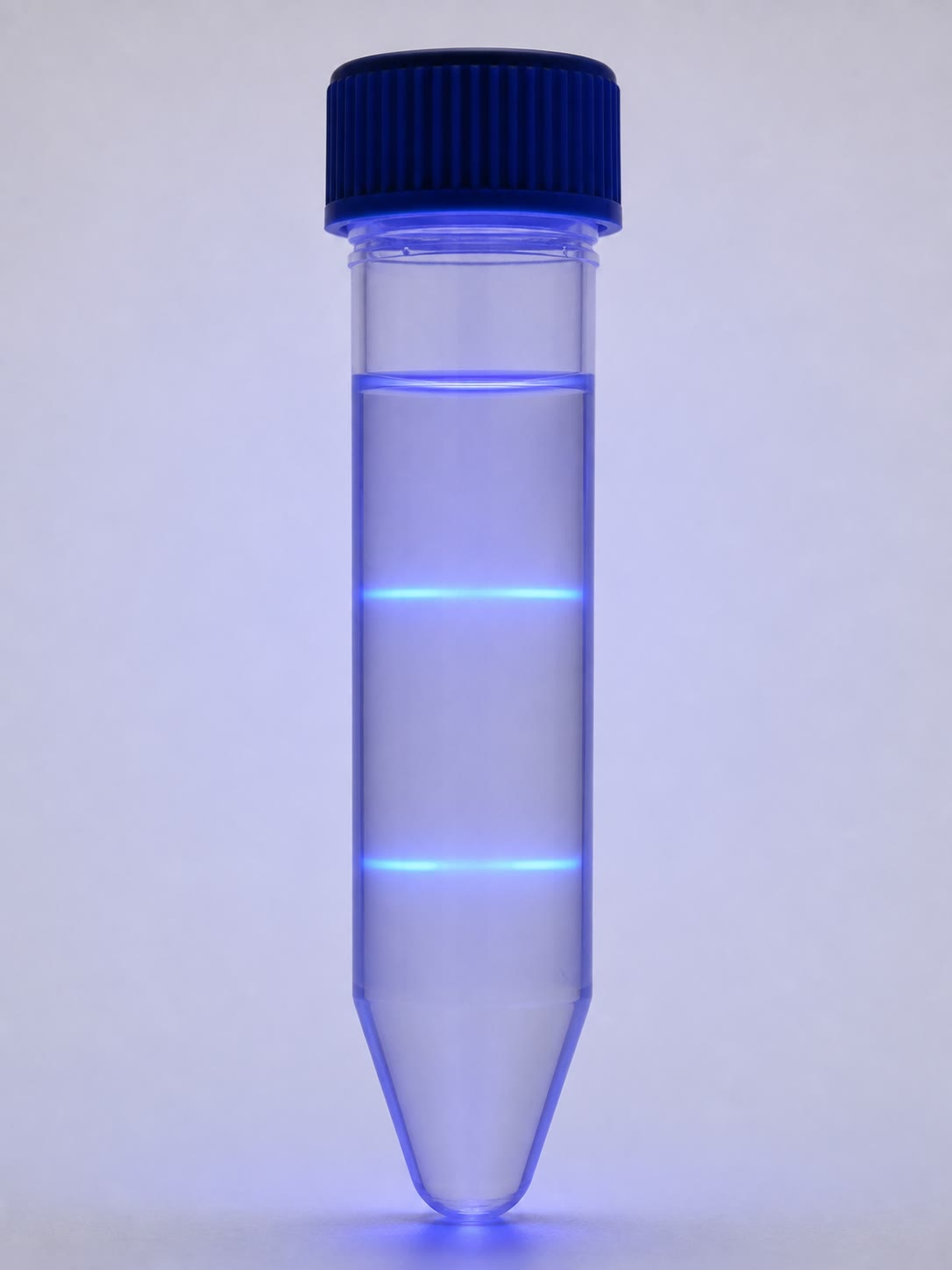 Een centrifugebuis onder ultraviolet licht: DNA-moleculen van twee dichtheden zijn naar twee hoogtes van de zoutgradiënt gezweefd en verschijnen als twee banden. Hun plaats meet hun dichtheid, hun helderheid hun hoeveelheid.