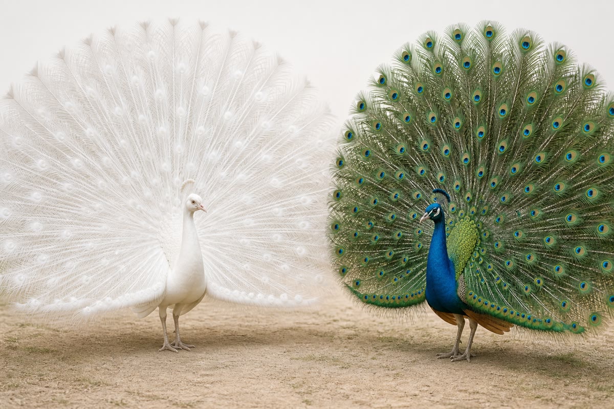 Een albinopauw naast een gewone. Twee niet werkende allelen van het tyrosinasegen: het enzym ontbreekt, de pigmentcellen zijn leeg, en elke veer is wit — dezelfde drie schalen als bij een menselijke albino.