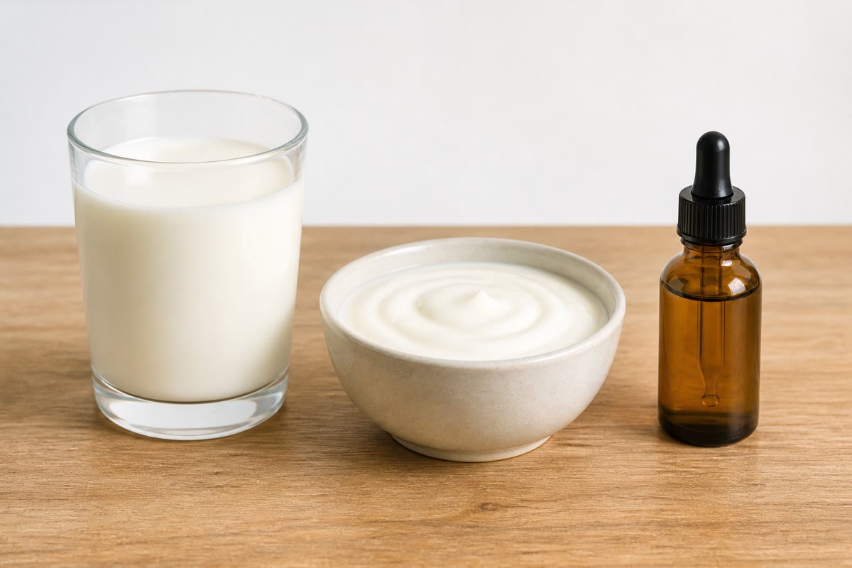 Melk, yoghurt en een flesje lactasedruppels. Of een volwassene de melk verteert, hangt van één allel af; de bacteriën van de yoghurt hebben het grootste deel van de lactose al gesplitst; de druppels leveren het enzym dat de darm mist.