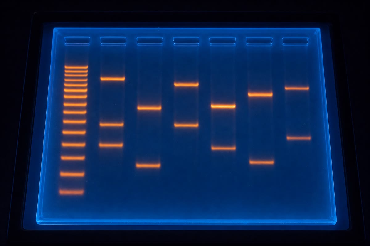 An electrophoresis gel under ultraviolet light: DNA fragments, stained fluorescent, sorted by length. Each lane is one sample; the pattern of bands reads the alleles.