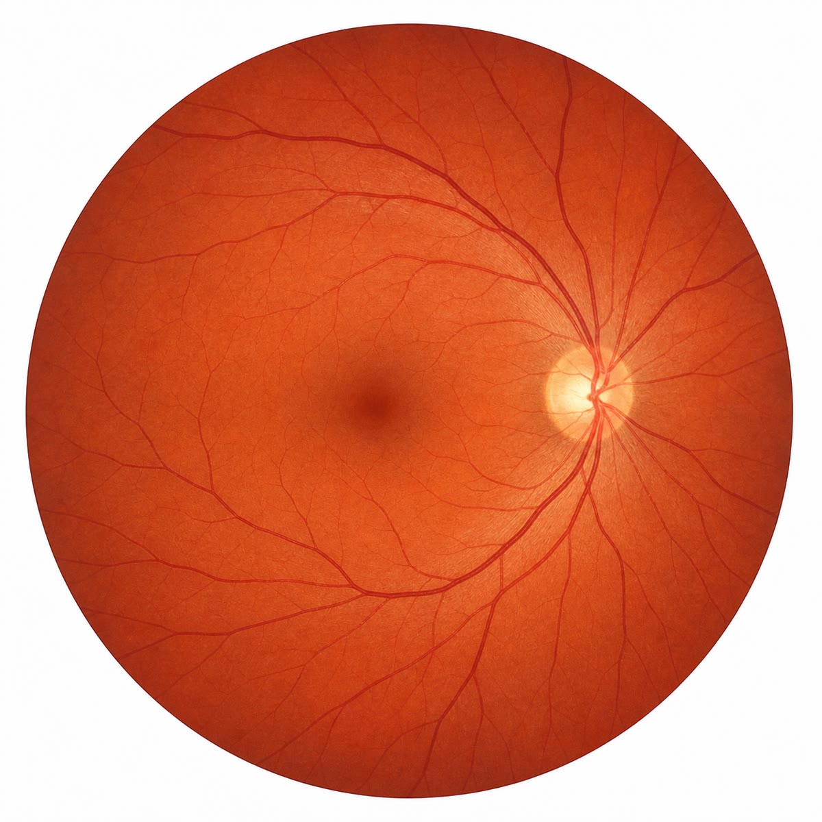 La rétine vue à travers la pupille à l’ophtalmoscope : le disque pâle par où le nerf optique sort et les vaisseaux entrent (la tache aveugle) et, plus sombre et sur le côté, la fovéa où les cônes sont les plus denses.