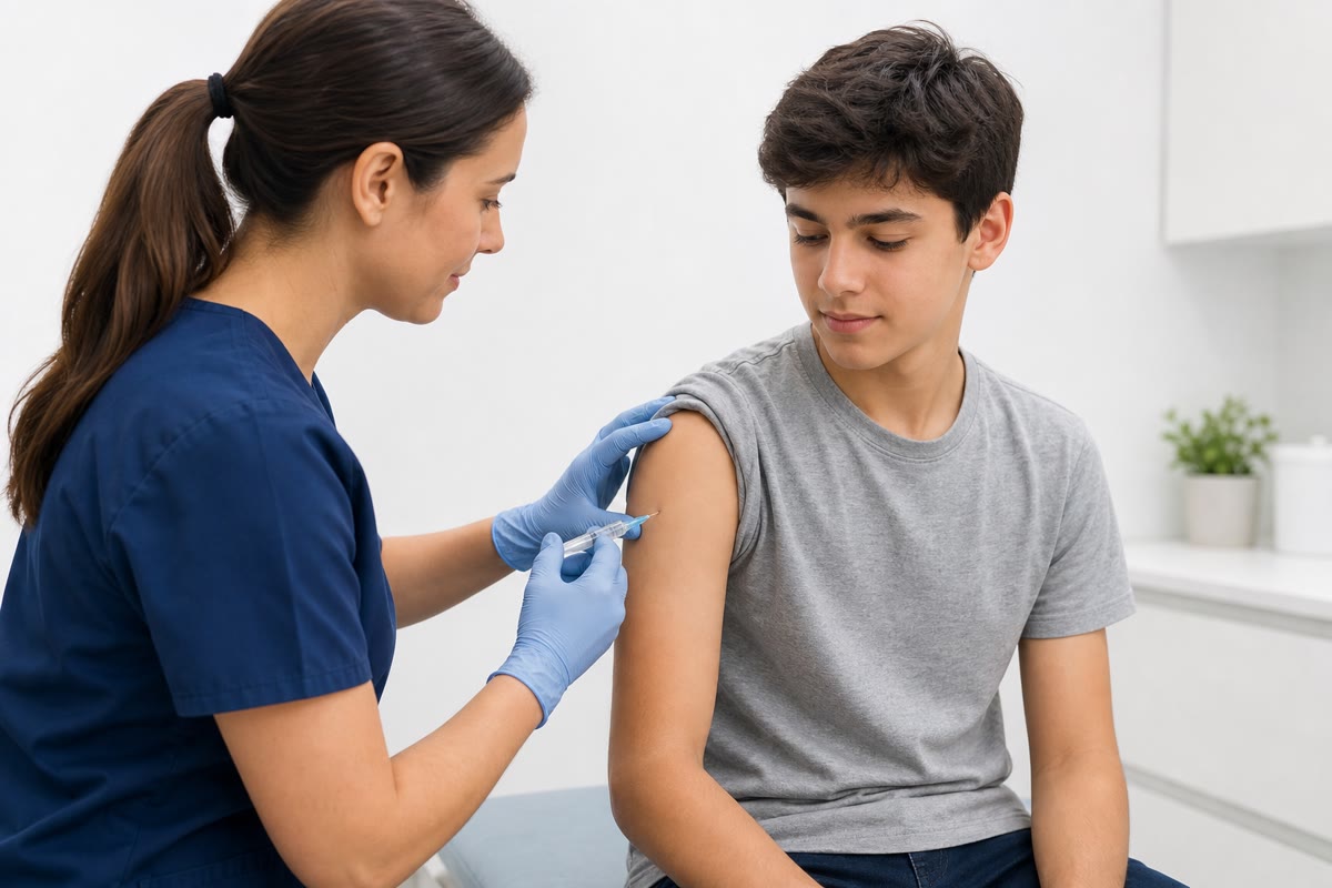 A vaccination: an antigen delivered into the arm, with an adjuvant to raise a local inflammation. Within weeks the lymph nodes hold memory cells against a disease the person has never had.