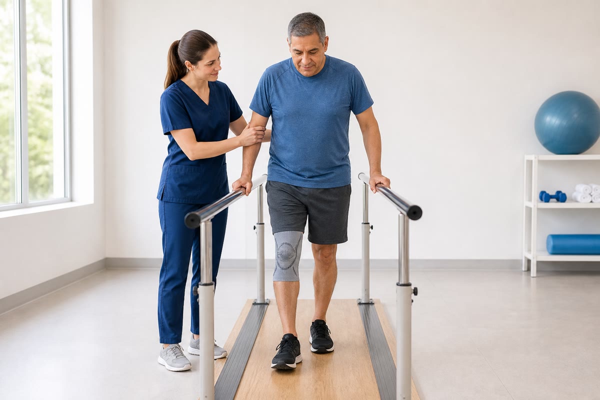 La rééducation après un accident vasculaire cérébral : réapprendre à marcher entre des barres parallèles. Chaque pas forcé sélectionne et renforce les circuits survivants capables de commander la jambe, et la carte corticale est retracée autour de la lésion.