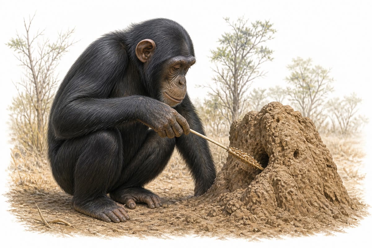 Een chimpansee die met een toebereid stokje naar termieten vist. De techniek wordt door kijken geleerd en verschilt van gemeenschap tot gemeenschap: een traditie, zonder genen doorgegeven.