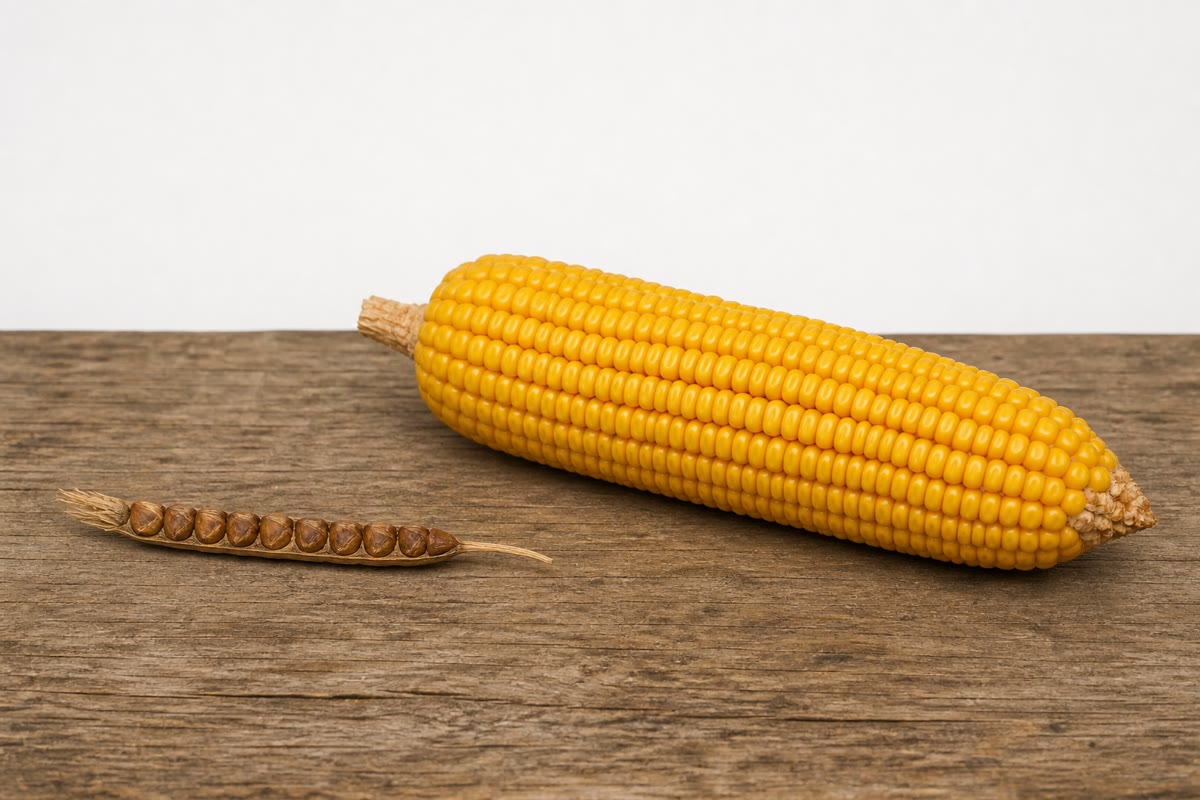 Teosinte and maize. A dozen cased kernels in one row on a brittle spike, against hundreds of naked kernels held fast on a cob: nine thousand years of choosing, and a handful of genes.