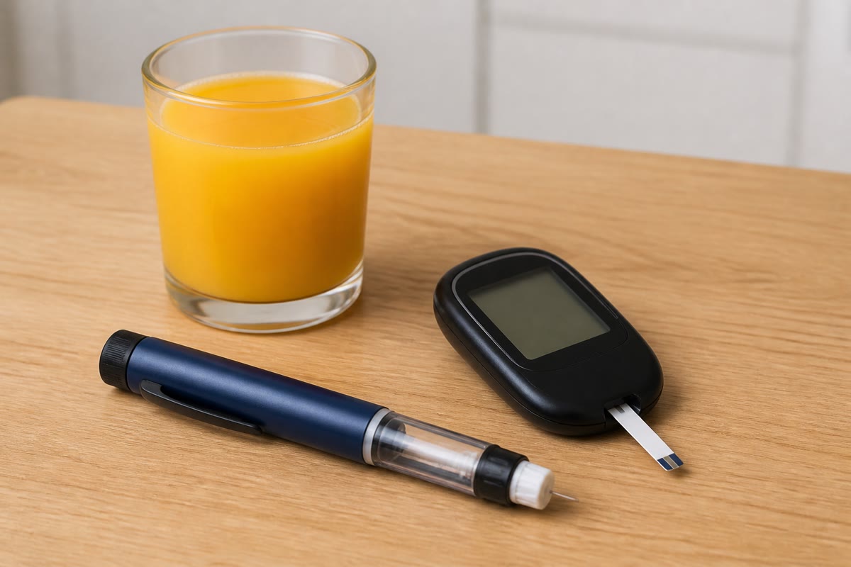 Het gereedschap van iemand met diabetes type 1: een meter die de bloedglucose uit een druppel bloed afleest, en een pen die een afgemeten dosis insuline inspuit. De lus van de eilandjes, enkele keren per dag met de hand gedraaid.