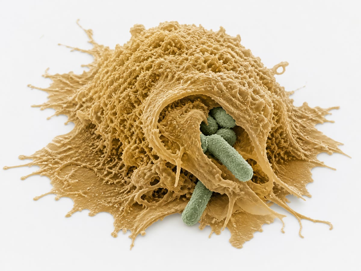 Un macrófago, en una microfotografía electrónica coloreada artificialmente, extendiendo su membrana alrededor de unas bacterias que está a punto de englobar. La célula obrera de la respuesta innata.