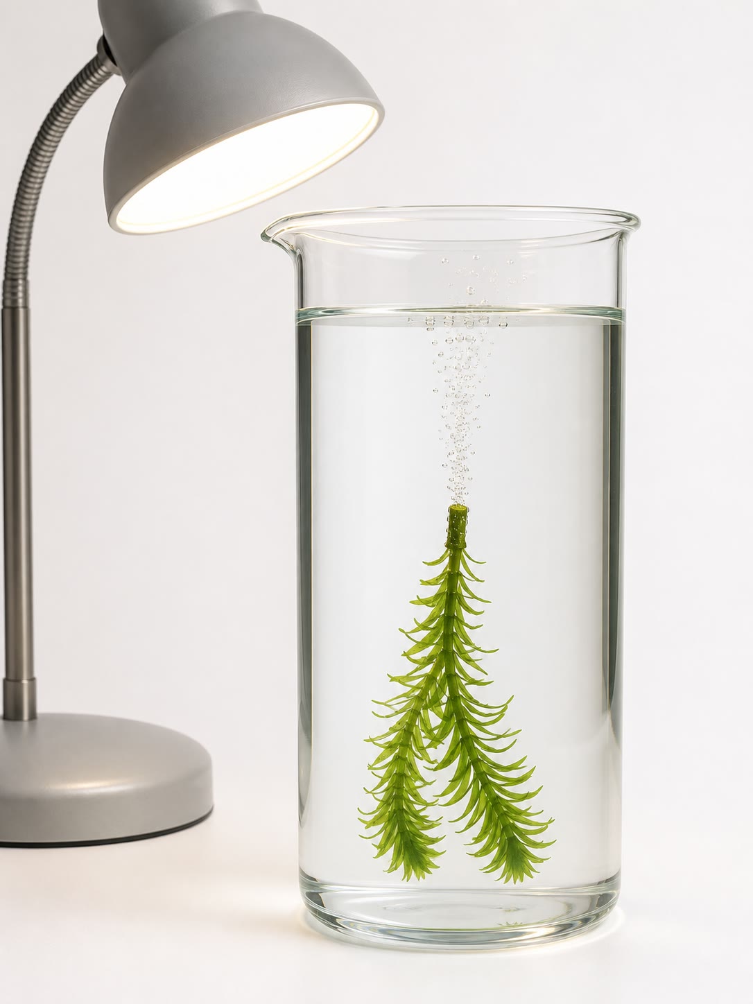 Elodea bajo una lámpara: las burbujas que suben del corte del tallo son el oxígeno de la fase luminosa. Cuéntalas por minuto, mueve la lámpara, cambia su color, y habrás medido la velocidad de la fotosíntesis.