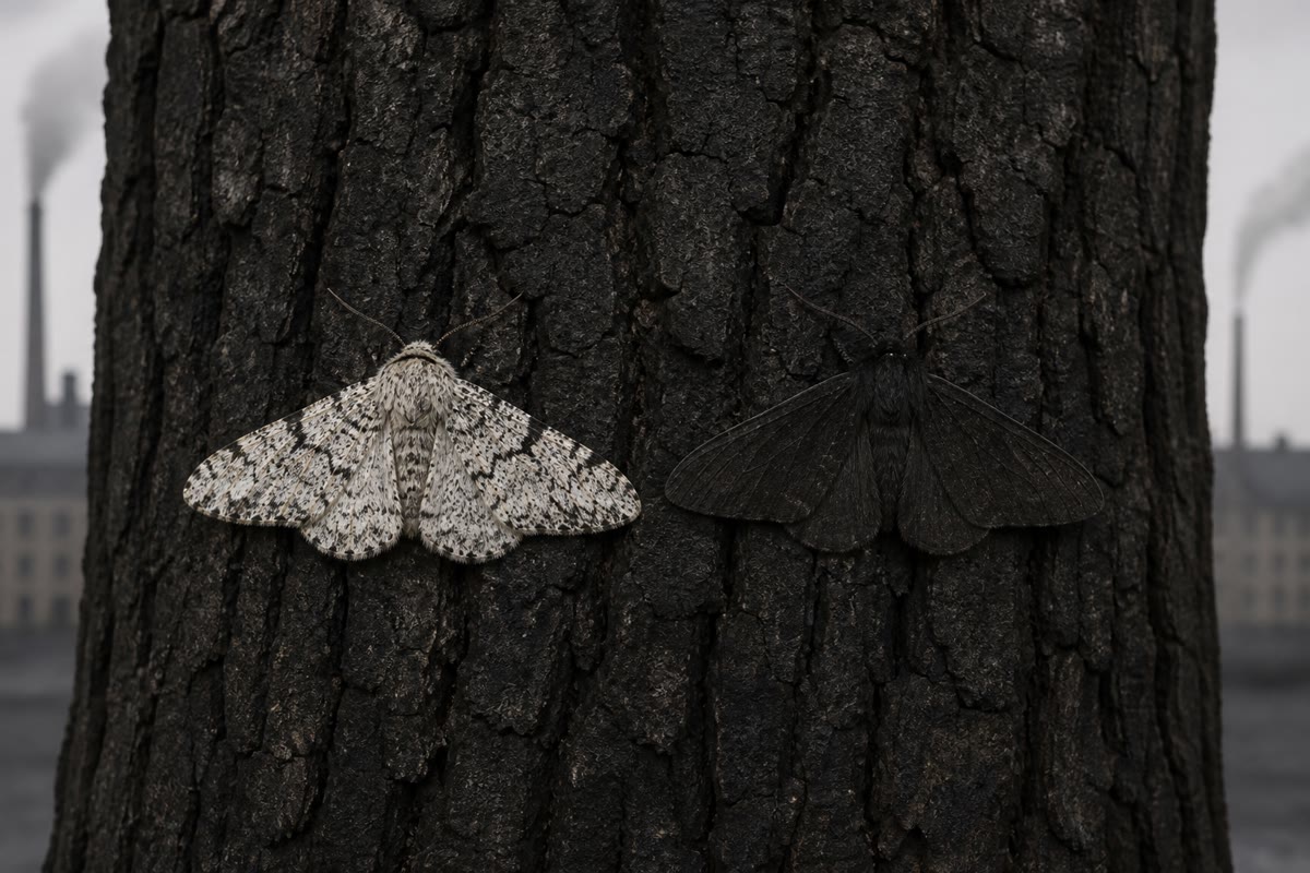 As duas formas da mariposa-salpicada num tronco escurecido pela fuligem. As aves caçam pela visão: nesta casca a forma clara é pega e a escura sobrevive; num tronco limpo, coberto de líquens, o contrário.