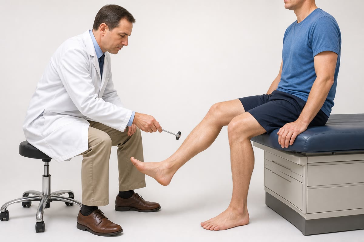 The knee-jerk test: a tap on the patellar tendon stretches the thigh muscle, and thirty milliseconds later the leg kicks. The reflex checks, in a second, the whole arc from spindle to muscle.