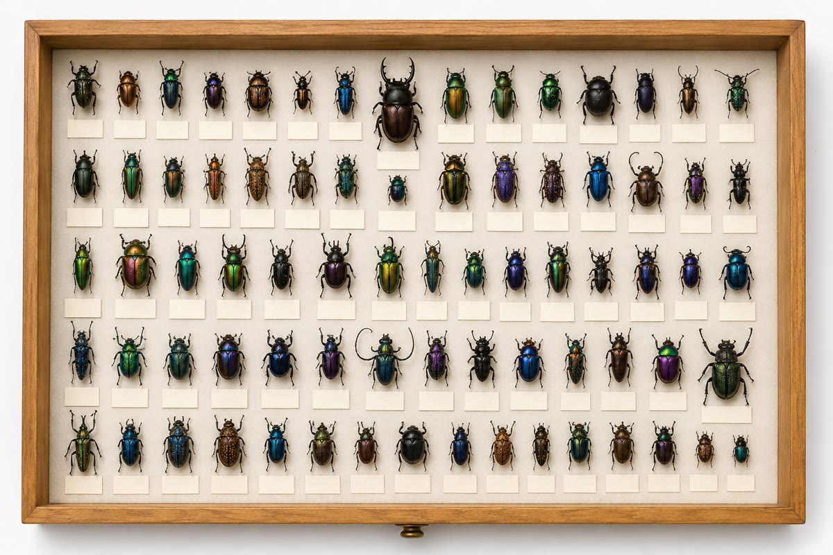 Een museumlade met opgeprikte kevers: de verzameling is de inventaris, en een lade als deze kan soorten bevatten die nog niemand heeft benoemd.