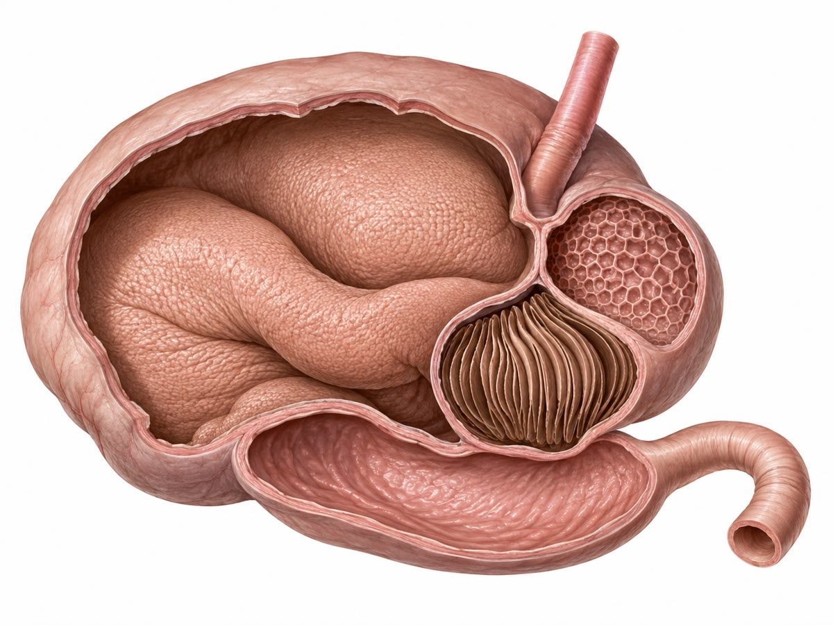 The four-chambered stomach of a cow: the great rumen and the reticulum where the microbes ferment, the omasum whose leaves absorb water, and the abomasum, the true acid stomach, where the microbes are digested.