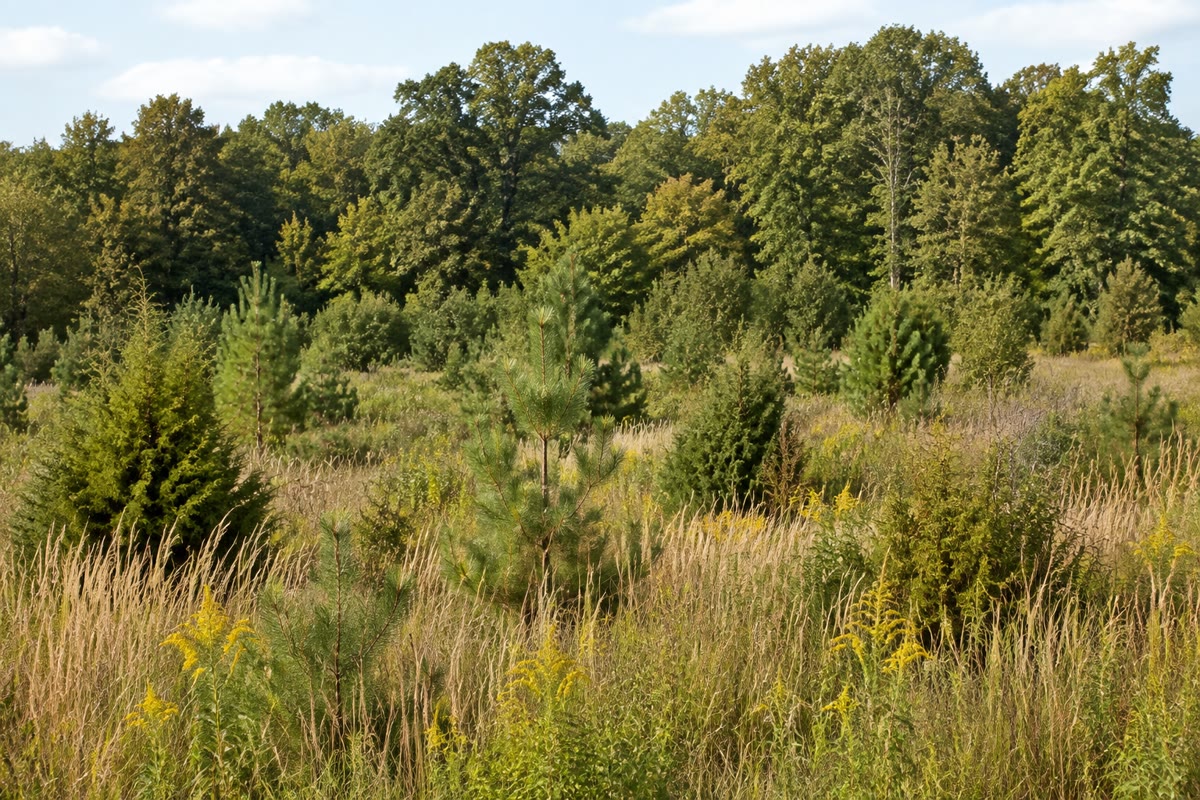 Une succession secondaire dans un champ abandonné : verges d’or et graminées au premier plan, jeunes pins et genévriers derrière, et au fond la forêt de feuillus qui les remplacera.