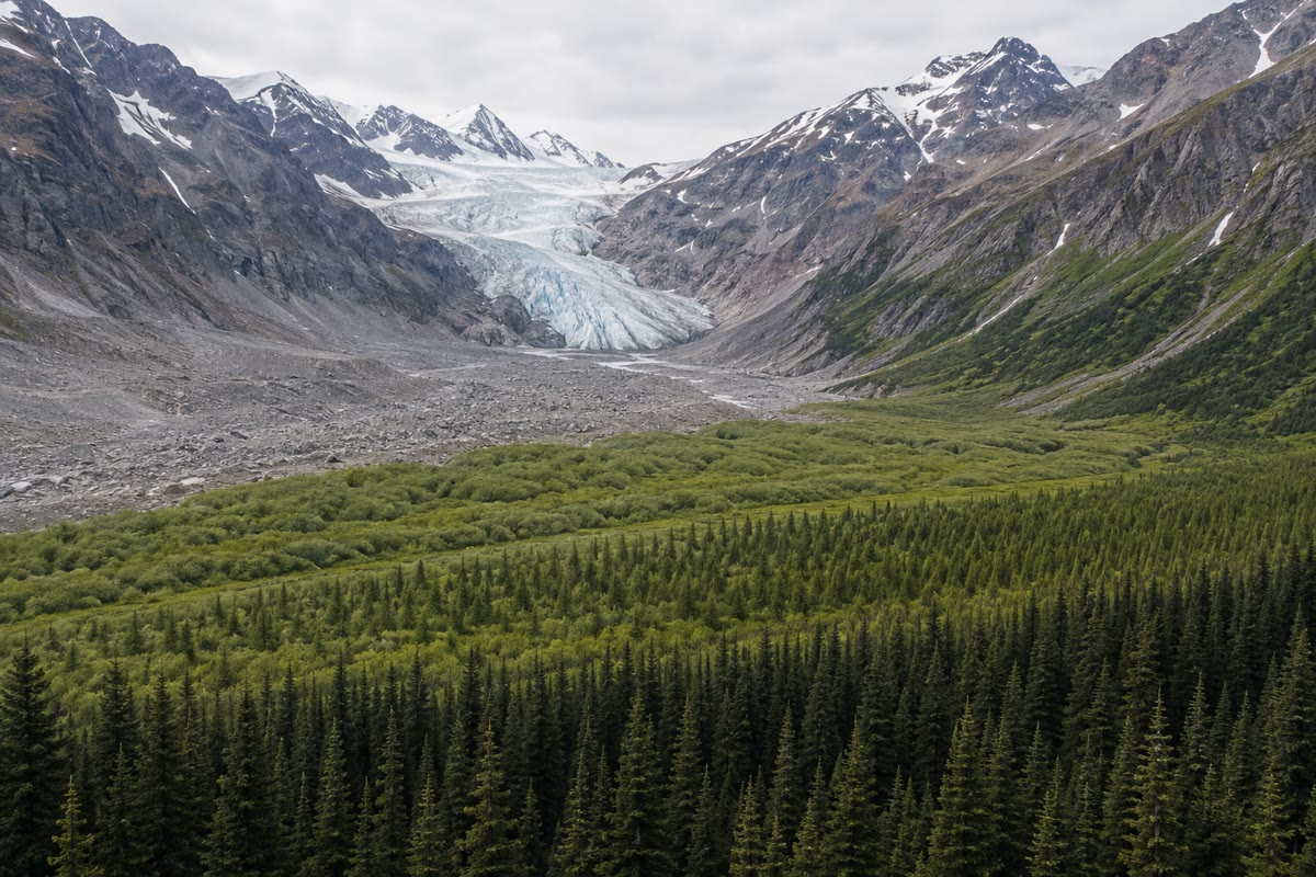 La vallée d’un glacier en retrait, lue comme une série chronologique : moraine nue près de la glace, puis fourrés bas, puis forêt de conifères sur le terrain découvert depuis le plus longtemps.