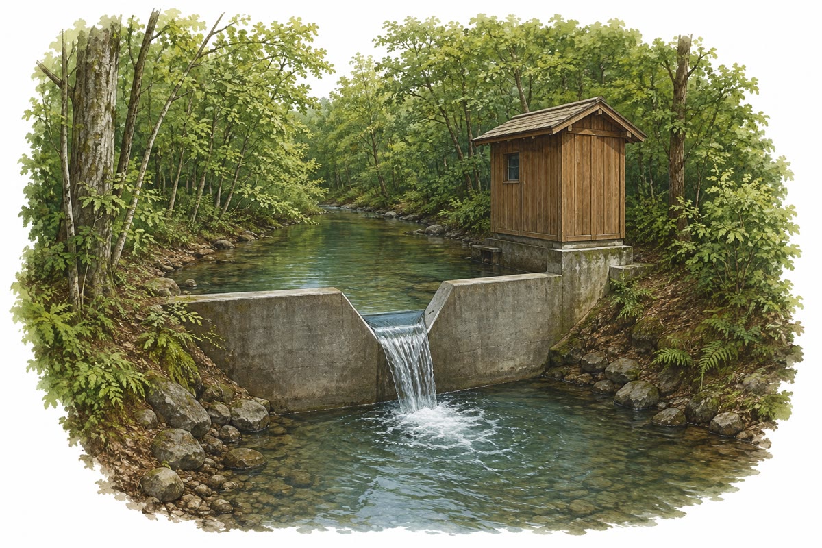 Un déversoir de jaugeage à l’exutoire d’un bassin forestier : la seule sortie de l’eau et des éléments nutritifs dissous, où le bilan de tout un écosystème peut être mesuré.
