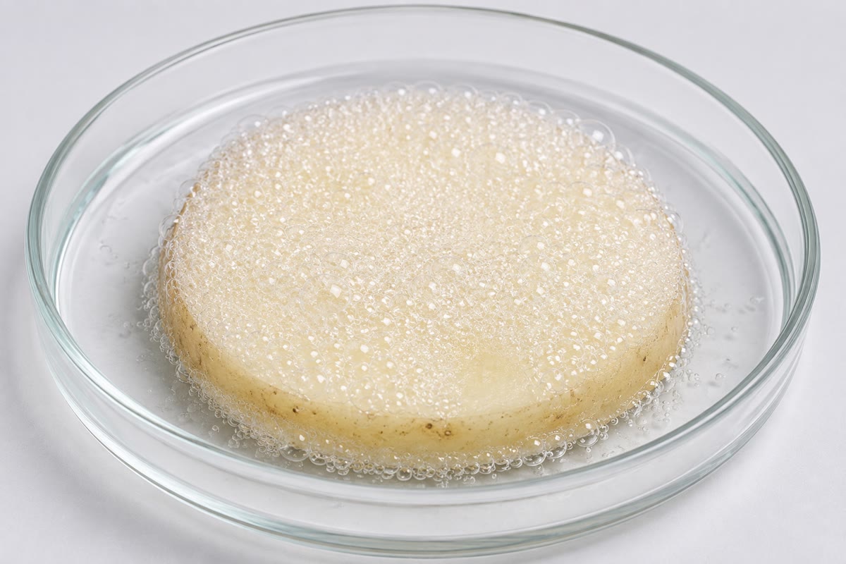 Água oxigenada sobre uma batata cortada: a catalase das células a parte em água e oxigênio quarenta milhões de vezes por segundo por molécula de enzima, e o oxigênio sai espumando.