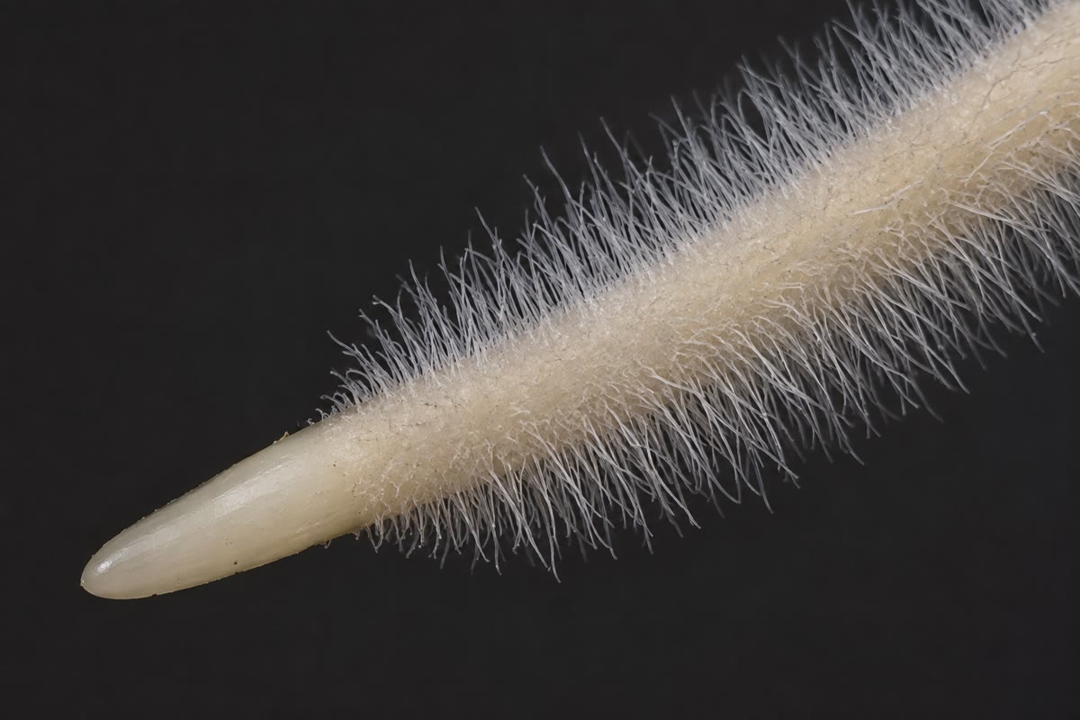 Wortelharen op een radijskiemplant, enkele millimeters achter de kale top. Elk haar is één epidermiscel die de bodem in is gegroeid; samen vermenigvuldigen zij het opnemende oppervlak vele malen.