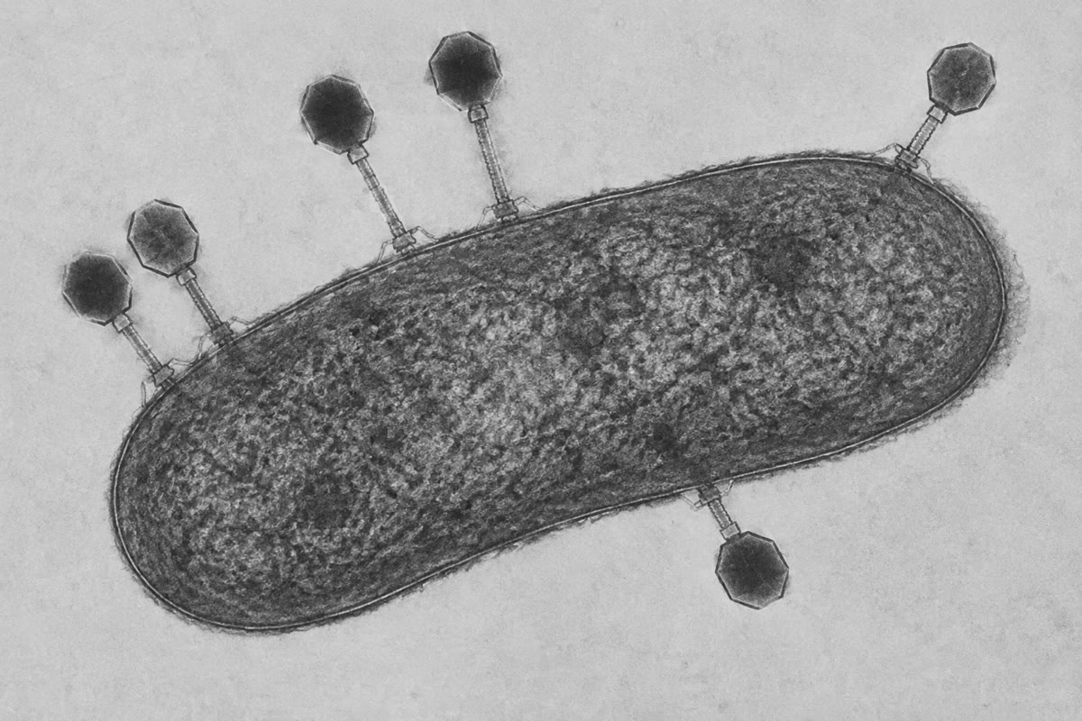 Bacteriofagen die zich aan een bacterie hebben gehecht: veelvlakkige koppen met het DNA erin, en staarten waardoor het zal worden ingespoten. Eén enkele cel zal binnen een half uur honderd nieuwe fagen vrijgeven.