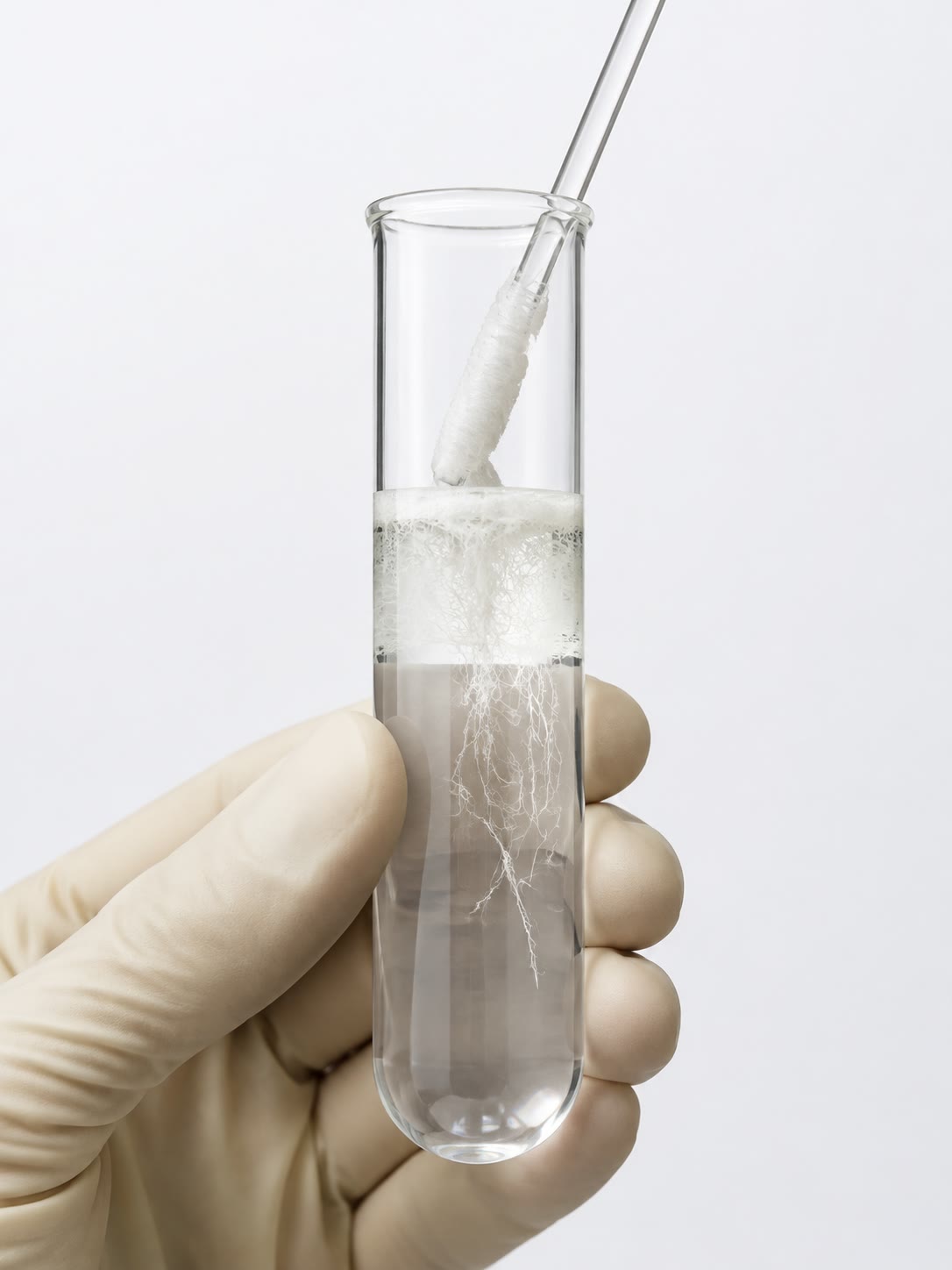 ADN précipité par de l’éthanol froid à partir d’un lysat cellulaire et enroulé sur une baguette de verre : quelques milligrammes de la molécule, visibles sous forme de fibres parce que chacune est longue de millions de paires de bases.