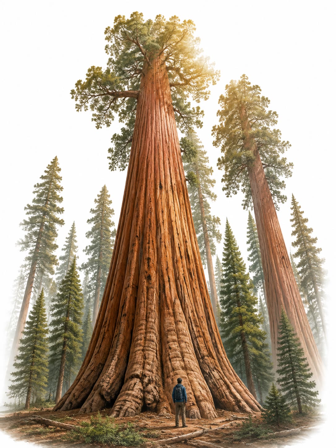 Des séquoias géants. La sève atteint leur cime, cent mètres plus haut, tirée par l’évaporation des feuilles à travers des colonnes d’eau sous une tension de deux mégapascals ou plus.