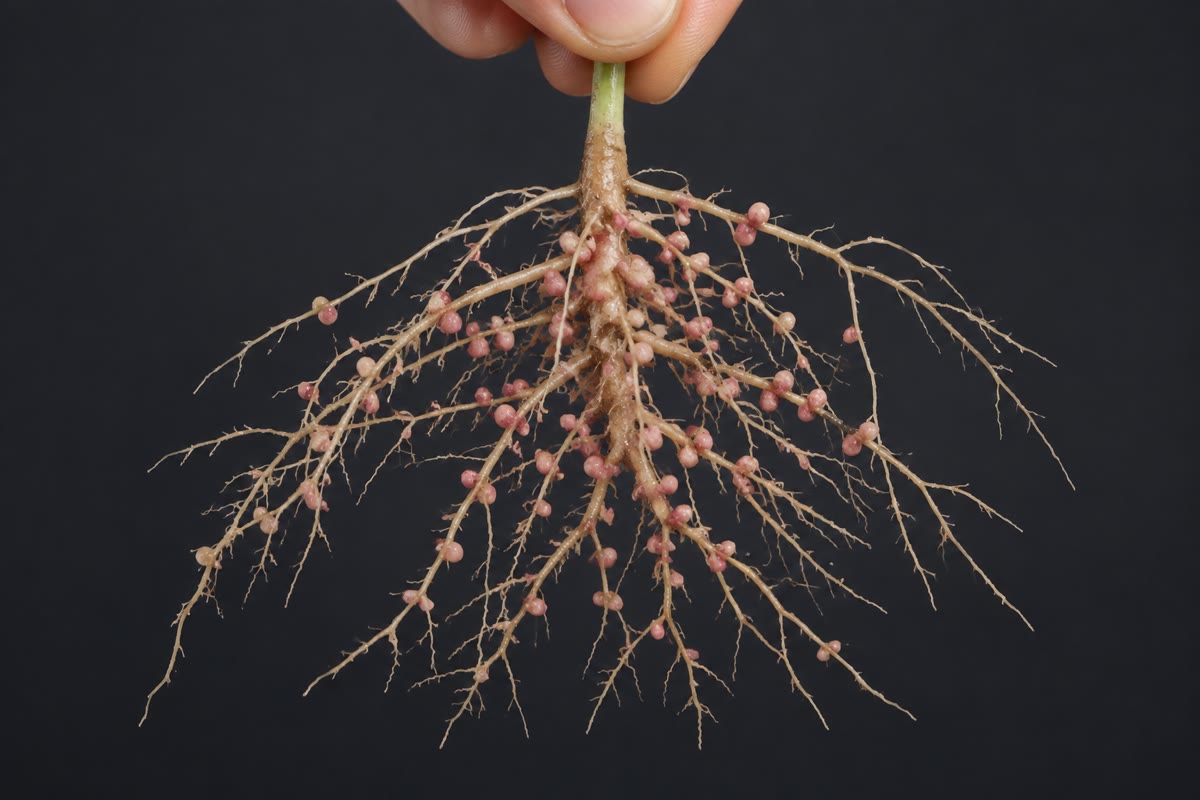 Des nodosités sur les racines d’une légumineuse : chacune est une chambre de tissu végétal remplie de bactéries, rose de léghémoglobine, où l’azote atmosphérique est fixé.