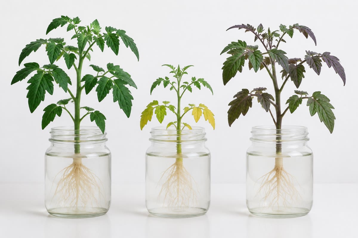 Trois pieds de tomate en solutions nutritives : complète (à gauche), sans azote (au centre : rabougri, les feuilles âgées jaunissent à mesure que leur azote part vers les jeunes), sans phosphore (à droite : feuilles sombres teintées de pourpre). Chaque élément manquant a sa signature.
