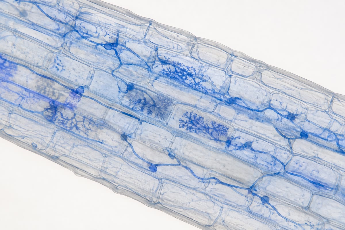 Une racine colorée pour montrer son champignon mycorhizien : des hyphes courant entre les cellules et se ramifiant en arbuscules à l’intérieur — une seconde surface absorbante, alimentée en sucre par la plante.
