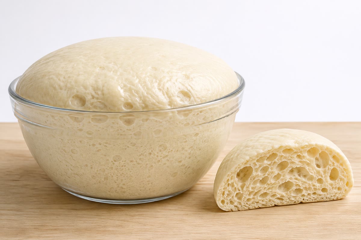 Kiri: khamir roti, sedang bertunas. Kanan: apa yang diperbuat fermentasinya pada adonan: CO_2 senilai dua ATP glikolisis tiap glukosa, terperangkap dalam gluten. Etanolnya menguap saat dipanggang.