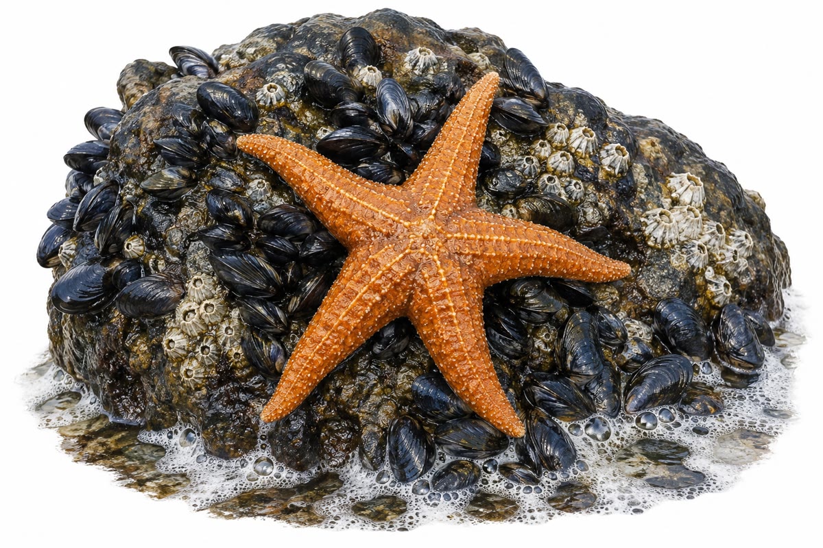 Una estrella de mar depredadora sobre un banco de mejillones en marea baja: el depredador clave cuya retirada convirtió una costa de quince especies en un monocultivo de mejillones.