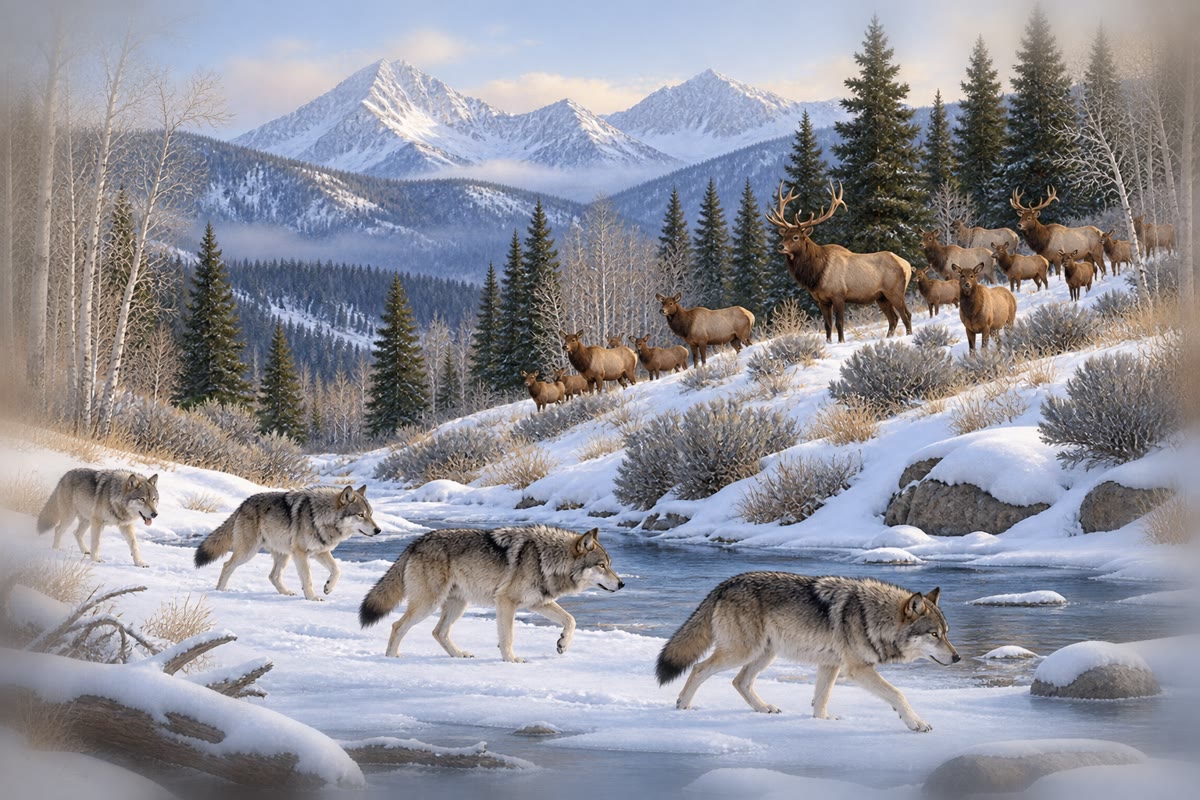 Lobos y uapitíes en un valle fluvial en invierno. El efecto del depredador sobre la vegetación pasa tanto por dónde se atreven a pastar los uapitíes como por cuántos son.