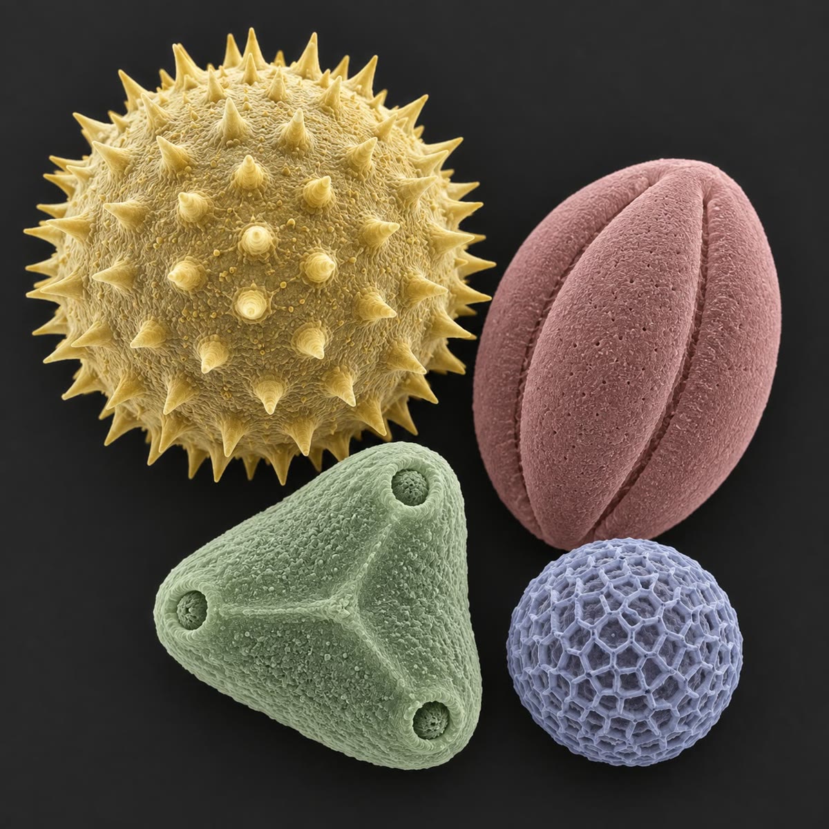 Granos de polen al microscopio electrónico de barrido: la pared de esporopolenina de cada especie tiene su propia escultura — espinas, surcos, poros, un retículo — por la que puede reconocerse.