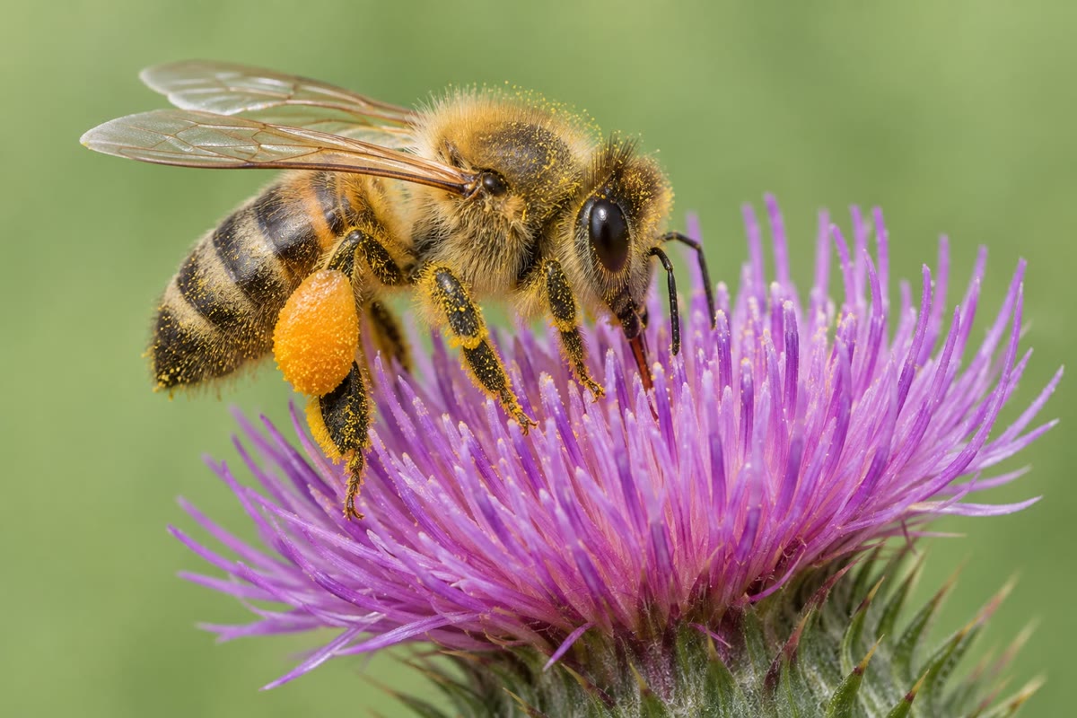 Una abeja melífera sobre un cardo: el polen le empolva el cuerpo y llena las cestillas de sus patas traseras; parte de él llegará al estigma del siguiente cardo que visite. El color púrpura, una plataforma de aterrizaje y un néctar abundante constituyen el síndrome de las abejas.