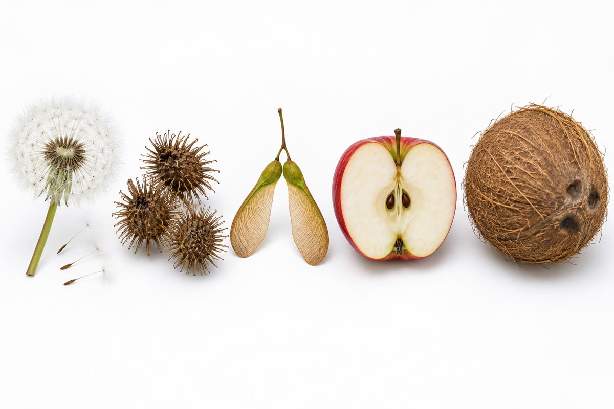 Frutos construidos para la dispersión: paracaídas (diente de león), ganchos (bardana), alas (arce), carne para un animal (manzana) y una cáscara flotante para el mar (coco).