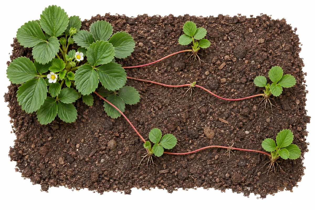 À esquerda: um morangueiro e as plantas-filhas enraizando ao longo de seus estolões. À direita: um pé de batata arrancado do solo, com os tubérculos pendendo dos estolões — cada tubérculo um pedaço de caule que crescerá numa planta geneticamente idêntica a esta.