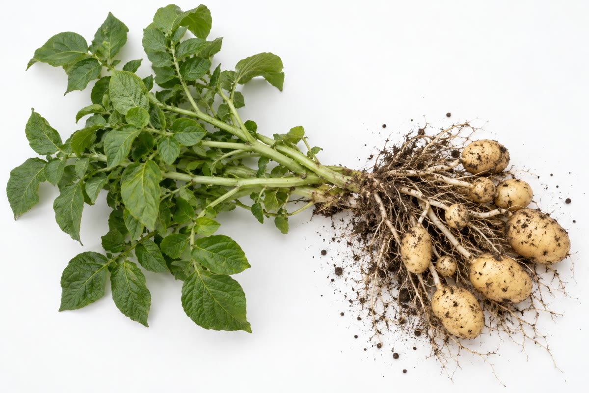 À esquerda: um morangueiro e as plantas-filhas enraizando ao longo de seus estolões. À direita: um pé de batata arrancado do solo, com os tubérculos pendendo dos estolões — cada tubérculo um pedaço de caule que crescerá numa planta geneticamente idêntica a esta.