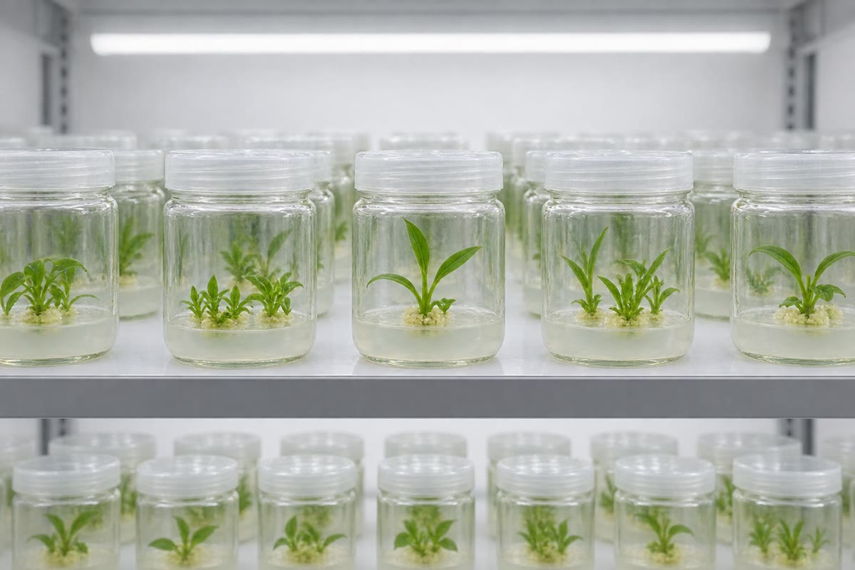 Plântulas em ágar numa sala de crescimento: cada frasco contém um clone da mesma variedade, multiplicado a partir de um único meristema.
