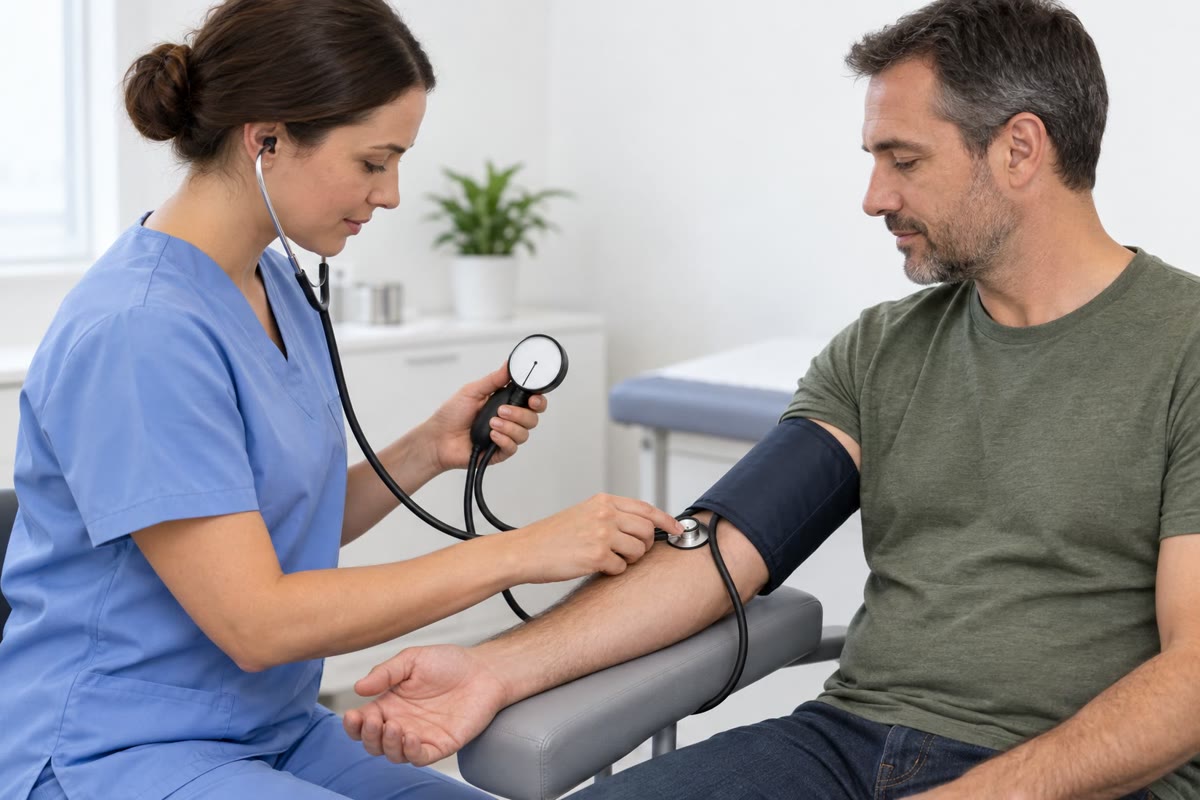 A medida da pressão. O manguito é inflado acima da pressão sistólica, de modo que nenhum sangue passa; à medida que é esvaziado, os primeiros sons do escoamento turbulento sob o estetoscópio marcam a pressão sistólica, e seu desaparecimento, quando a artéria permanece aberta durante todo o ciclo, marca a diastólica.